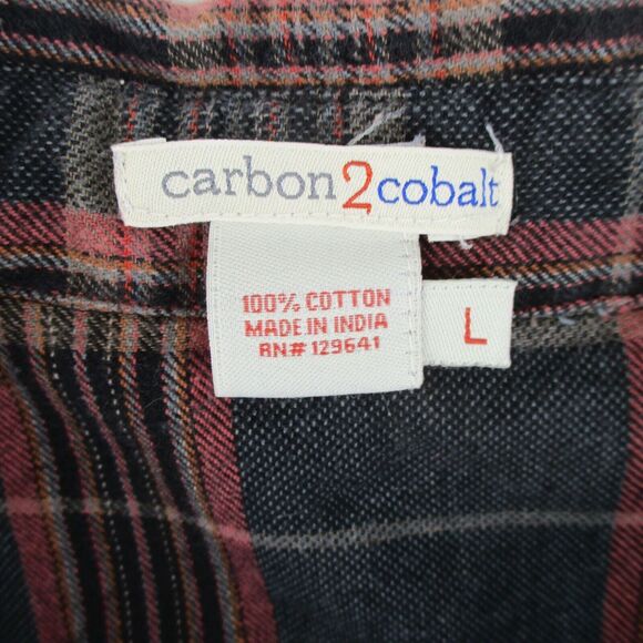 Distressed Carbon 2 Cobalt Mens L India Cotton Red Plaid Soft Flannel Shirt - Picture 3 of 7